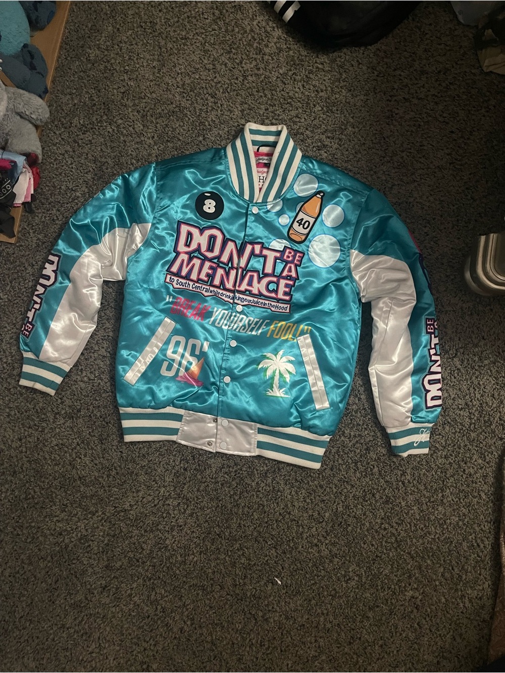 Teal Satin Graphic Bomber Jacket with White Panels